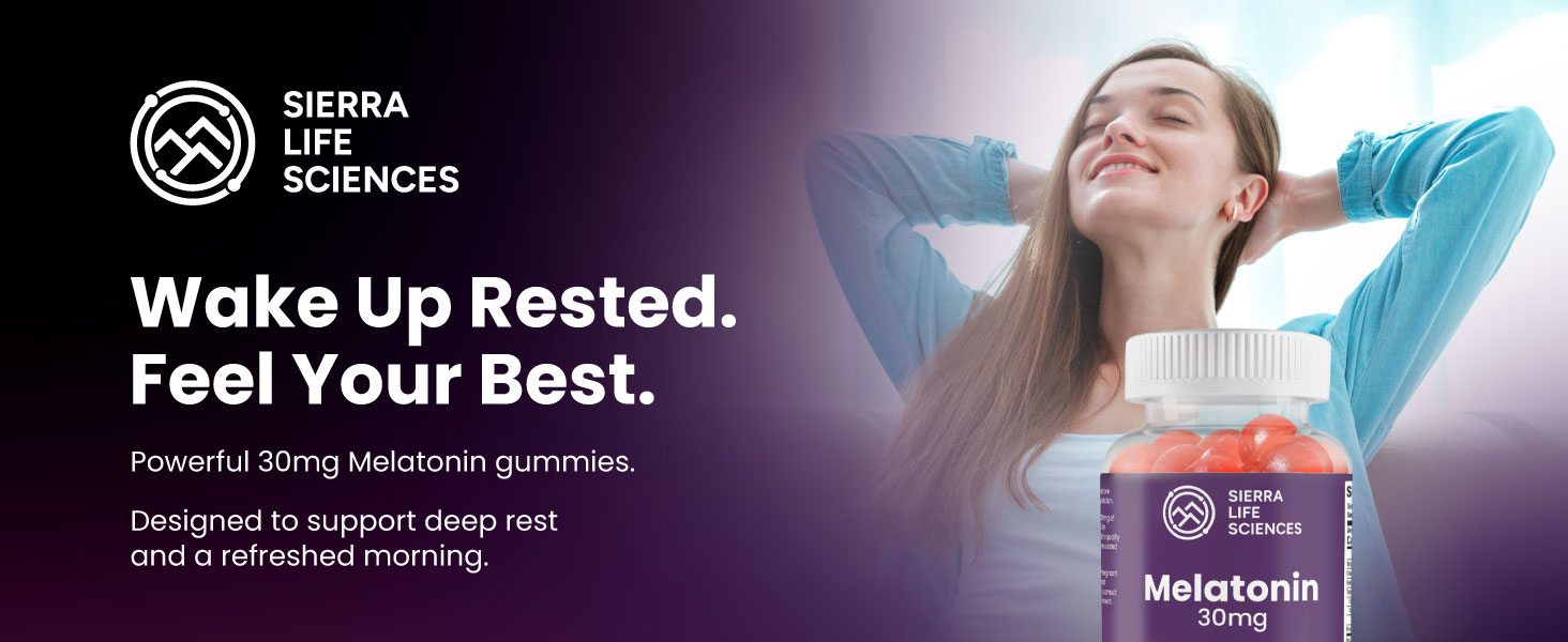 Woman stretching after waking up rested, with Sierra Melatonin 30mg gummies